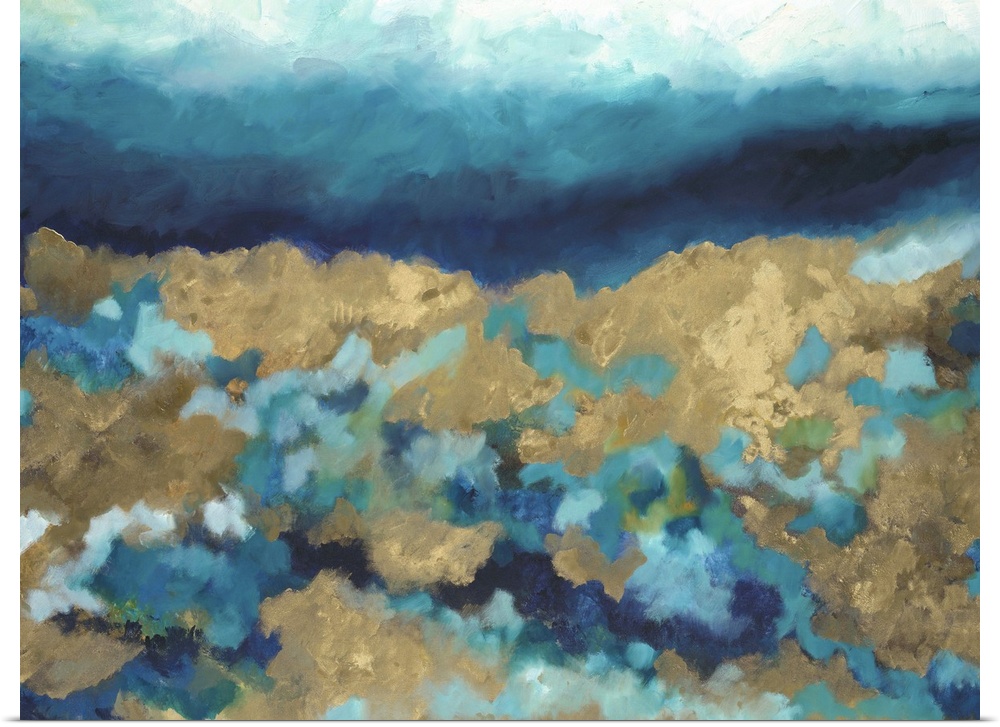 Contemporary abstract painting using gold and various tone of blue green.
