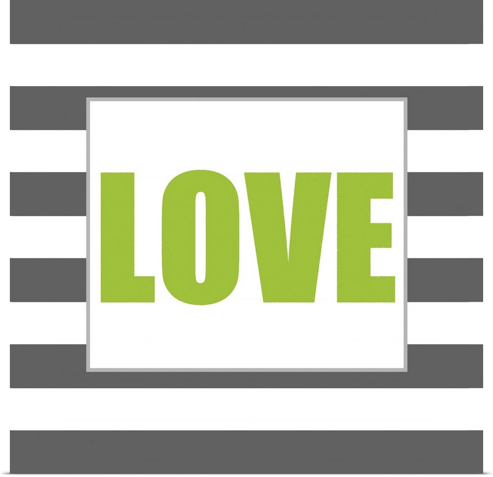 The work Love in green against a dark gray and white striped background.