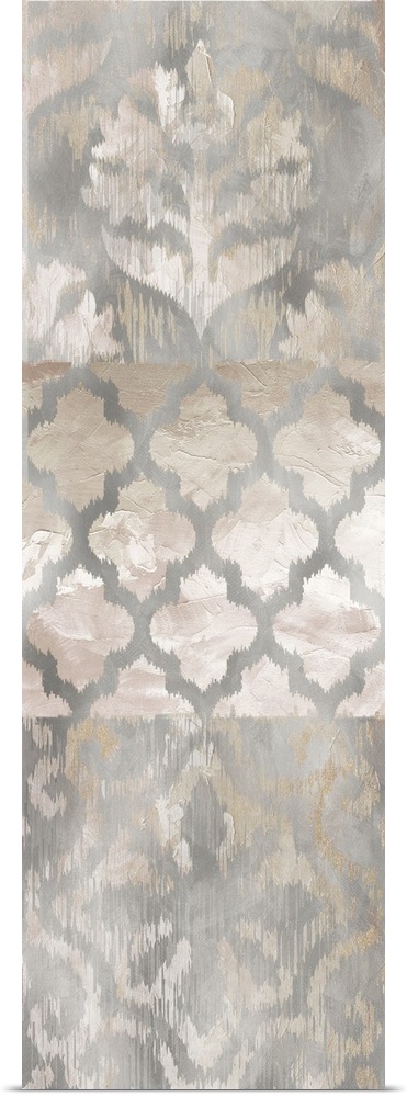 Large panel decor with brown, silver, white, and gold colored ikat patterns.
