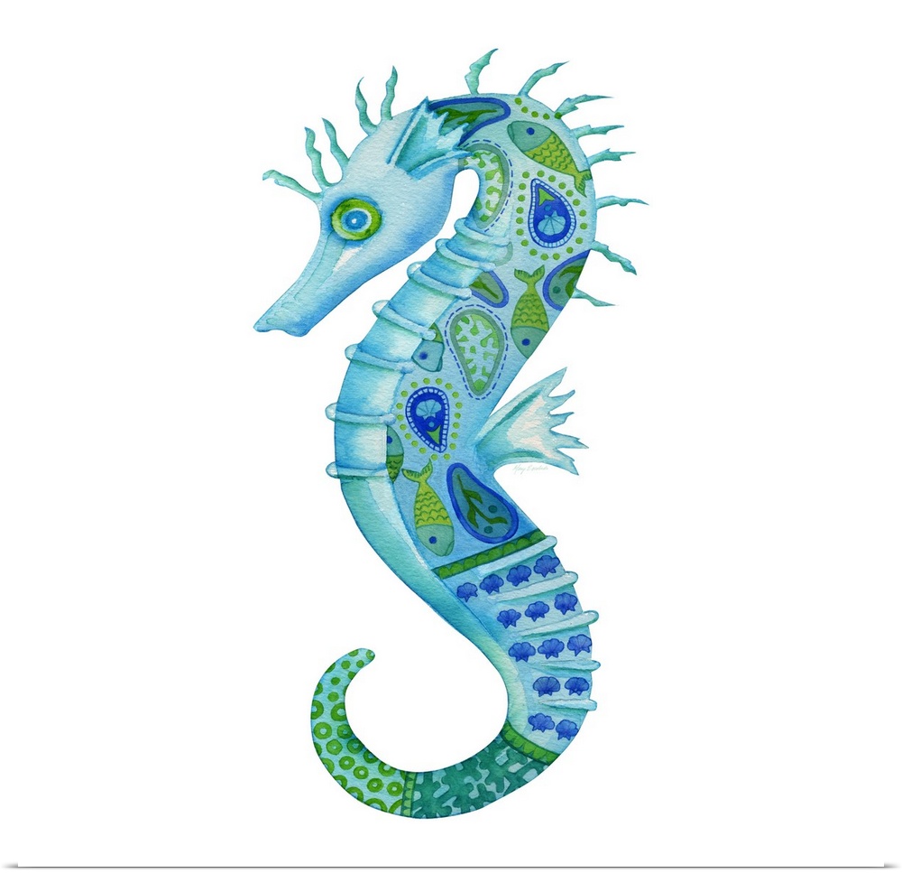 Watercolor painting of a blue and green colored seahorse with intricate details and designs all over.