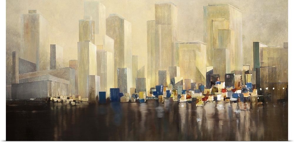 Contemporary painting of a city skyline above misty harbor.