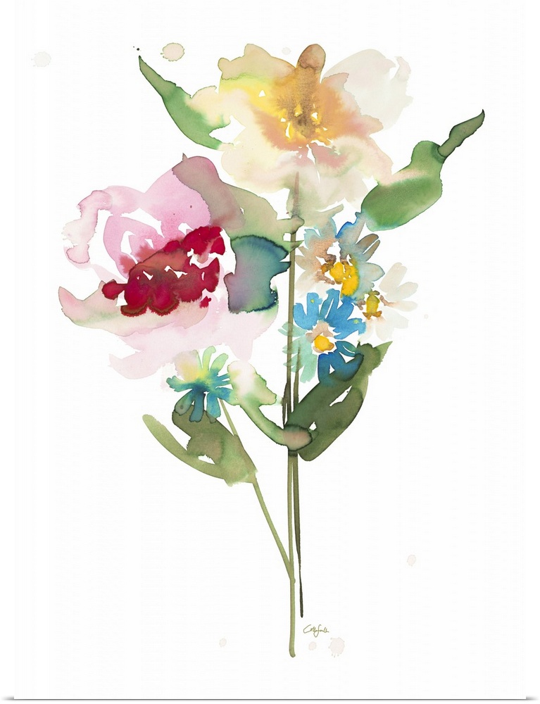 Watercolor artwork of a small bouquet of flowers on white.