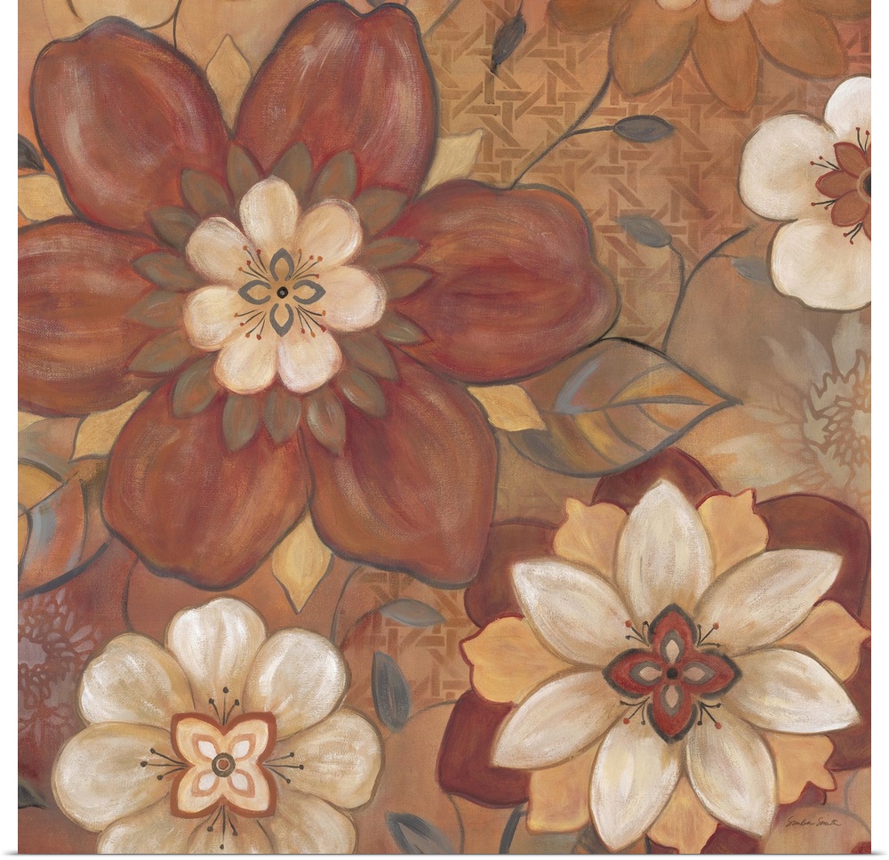 Folk art style painting of several differently shaped flowers in rusty red tones.