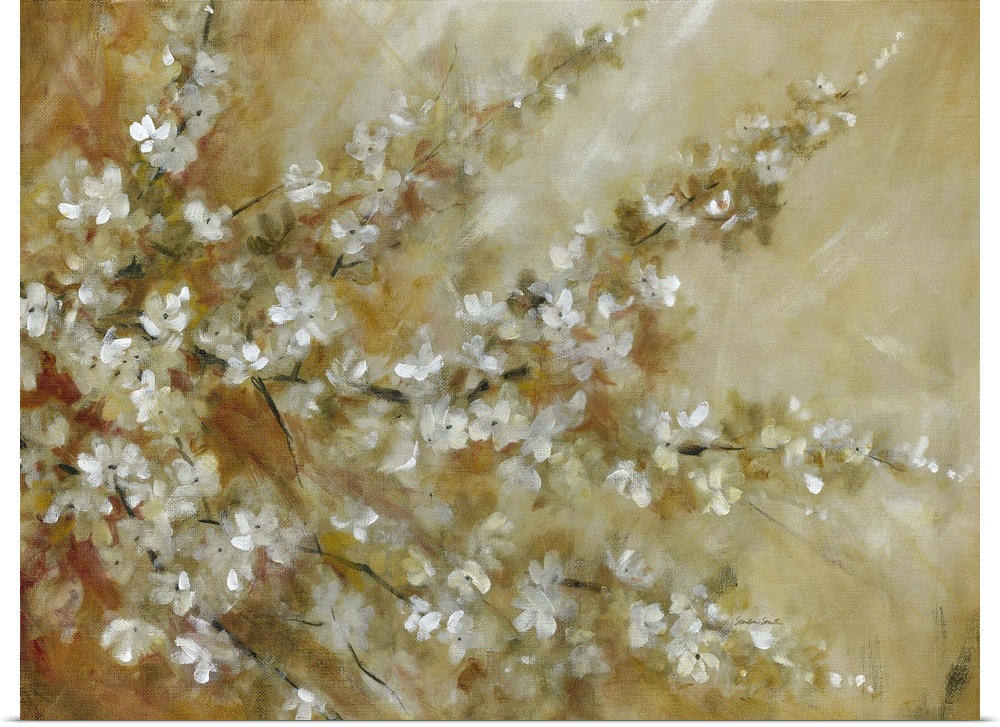 Contemporary painting of a tree with branches full of white blossoms.