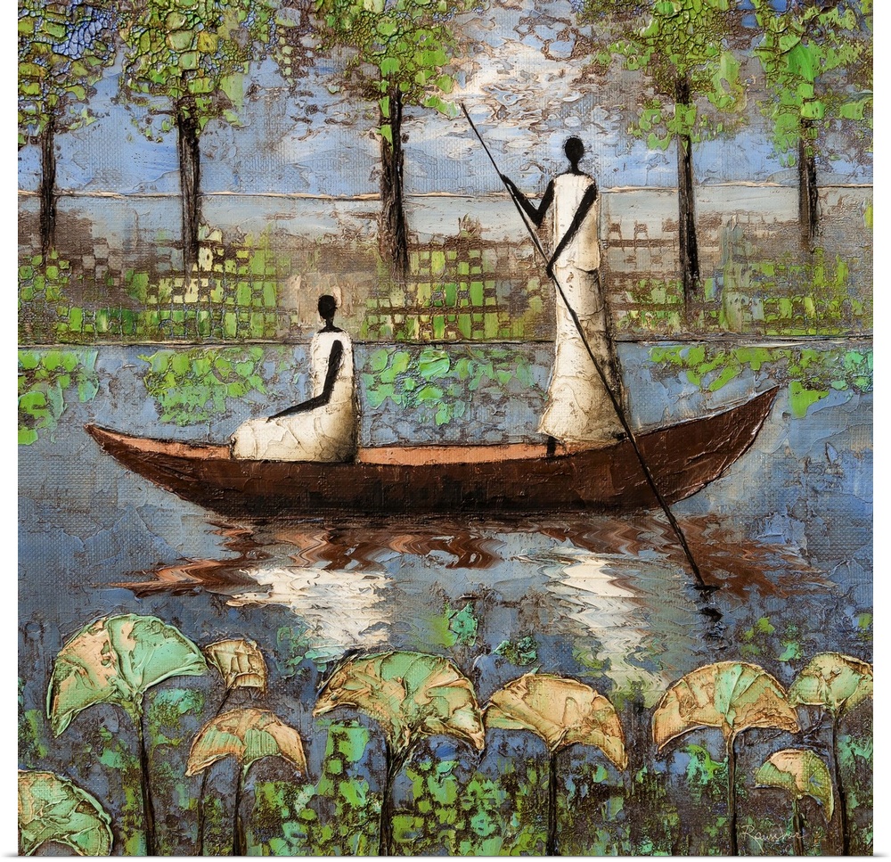 Contemporary painting of two figures in a boat on the river.