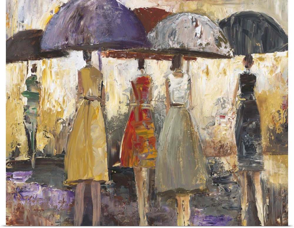 Contemporary painting of people walking with umbrellas through rain.