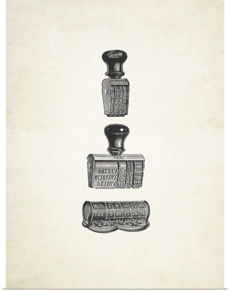 Black and white illustrations of vintage stamps on a sepia toned background.
