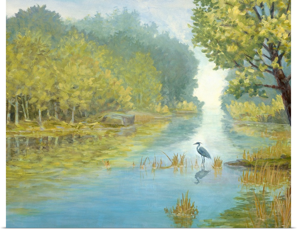 Painting of a herons standing in a shallow river in a forest landscape.