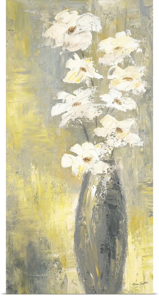 Contemporary still life painting of white flowers in a thin vase.