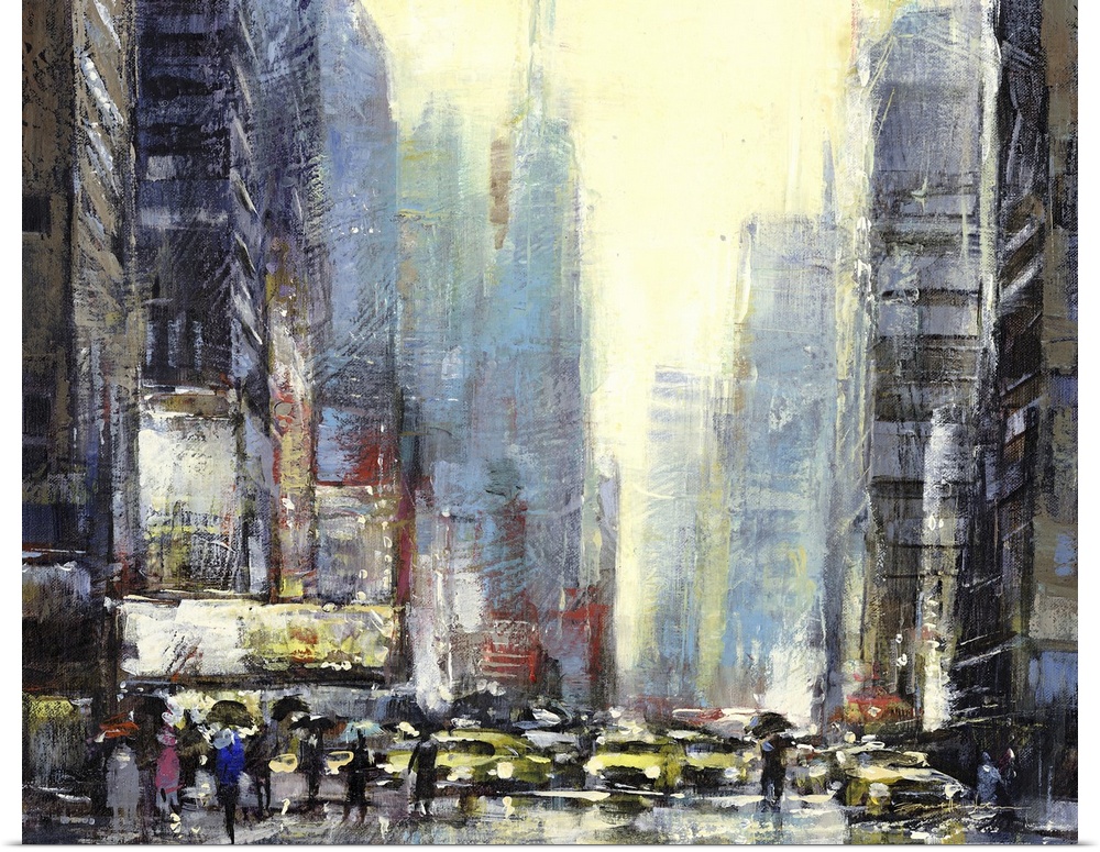 Contemporary cityscape painting with taxicabs and skyscrapers.
