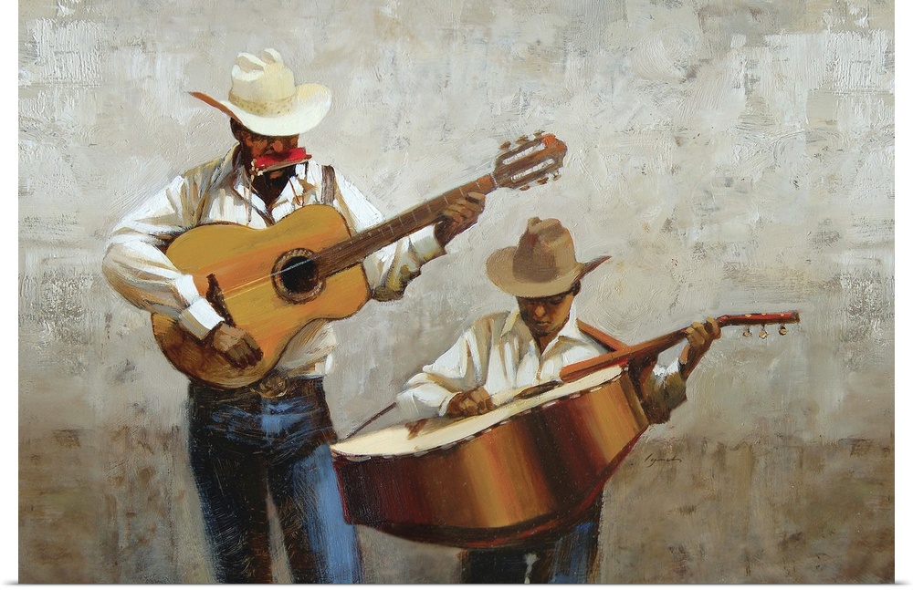 Painting of two musicians playing instruments and wearing cowboy hats against a gray background.
