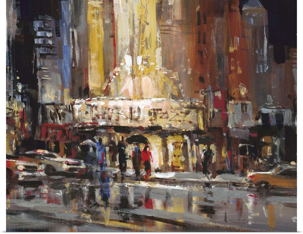 Contemporary painting of a city street with people casting reflections in puddles.