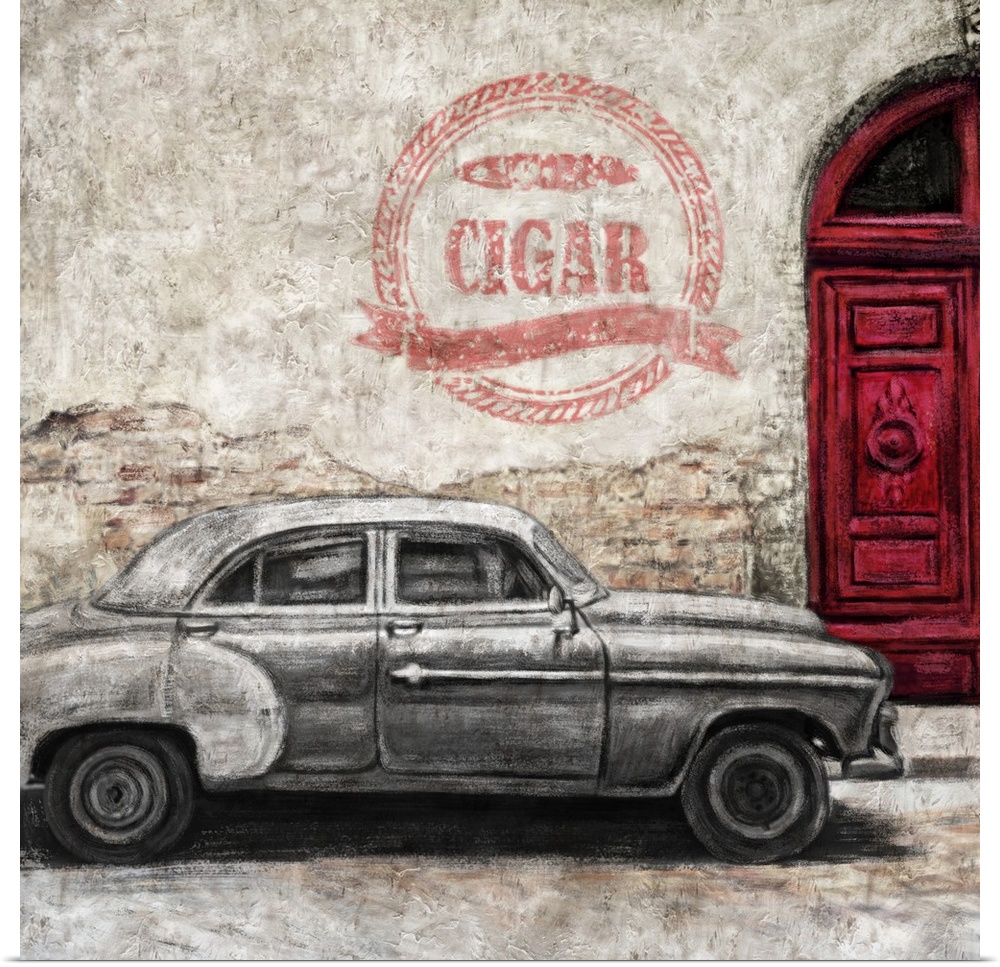 Square decor of an illustrated street scene in Havana, Cuba with a vintage car, red door, and wall graffiti that says "Cigar"