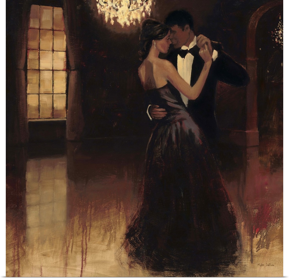 Contemporary painting of a couple dancing the waltz under a fancy chandelier.