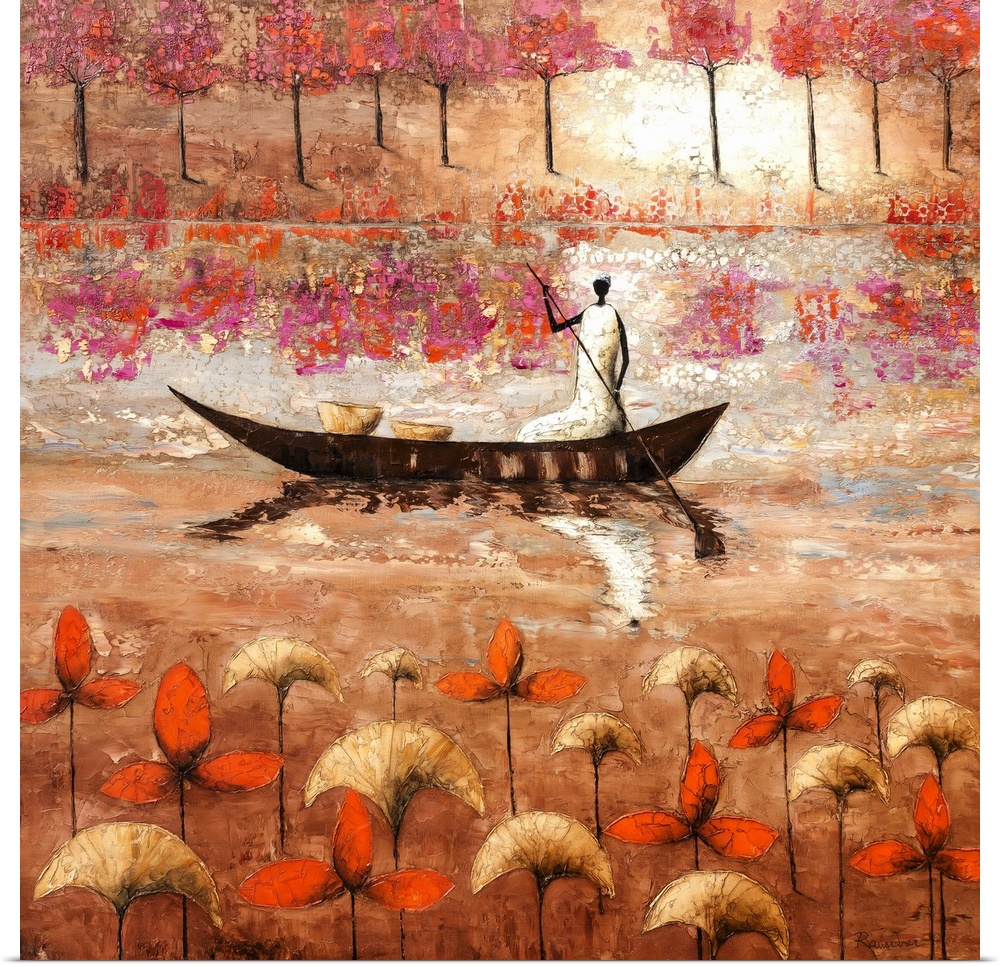 Contemporary painting of a figure paddling a boat on the river.