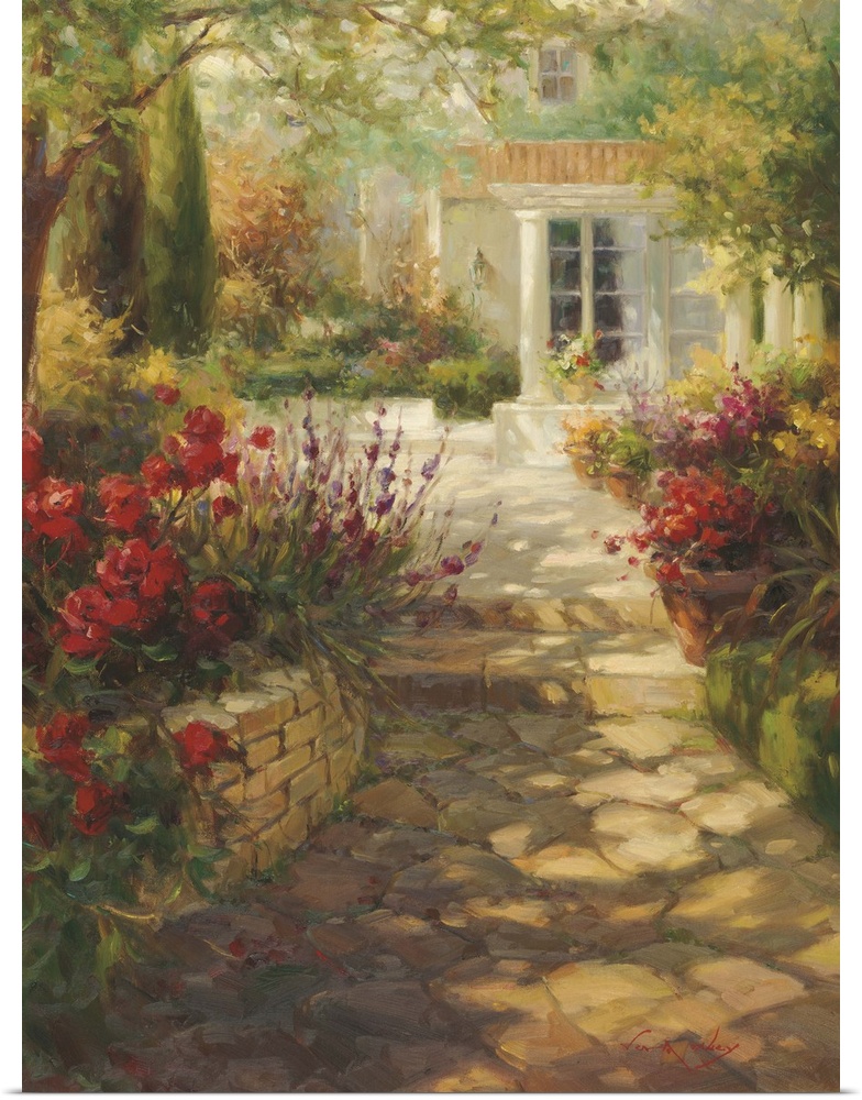 Tranquil painting of a shady cobblestone path leading to a house, lined with flowers.