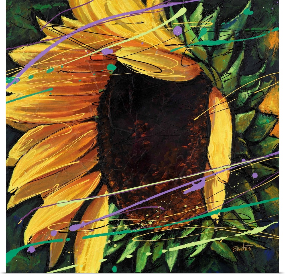 Contemporary close-up painting of a vibrant yellow sunflower.