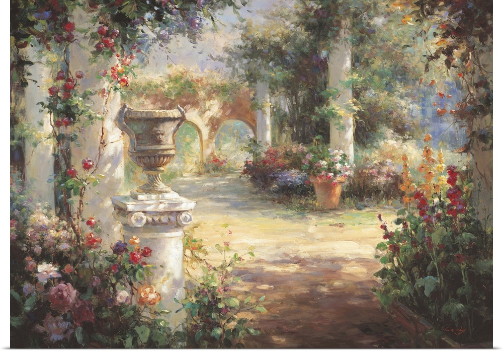 Painting of a courtyard with several columns bright lit by the sun.