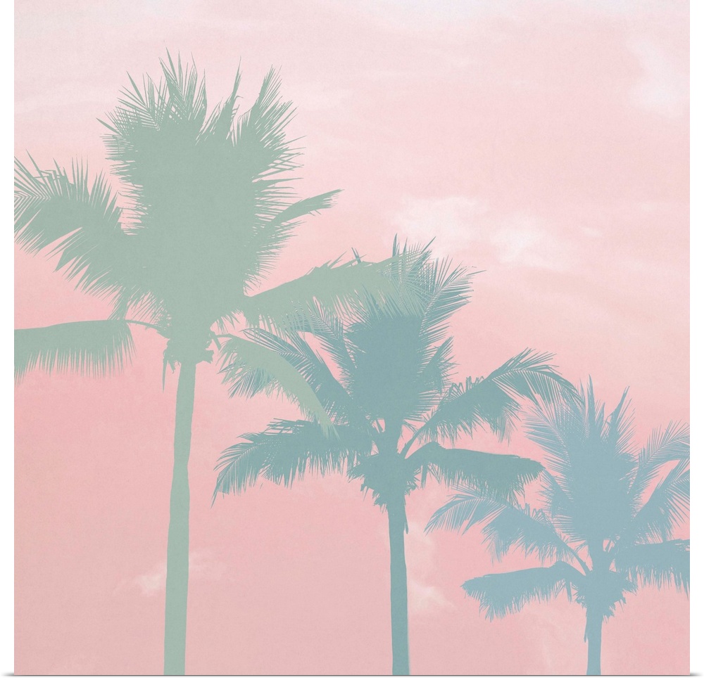Three palm trees in green and blue tones on a light pink background with white clouds.