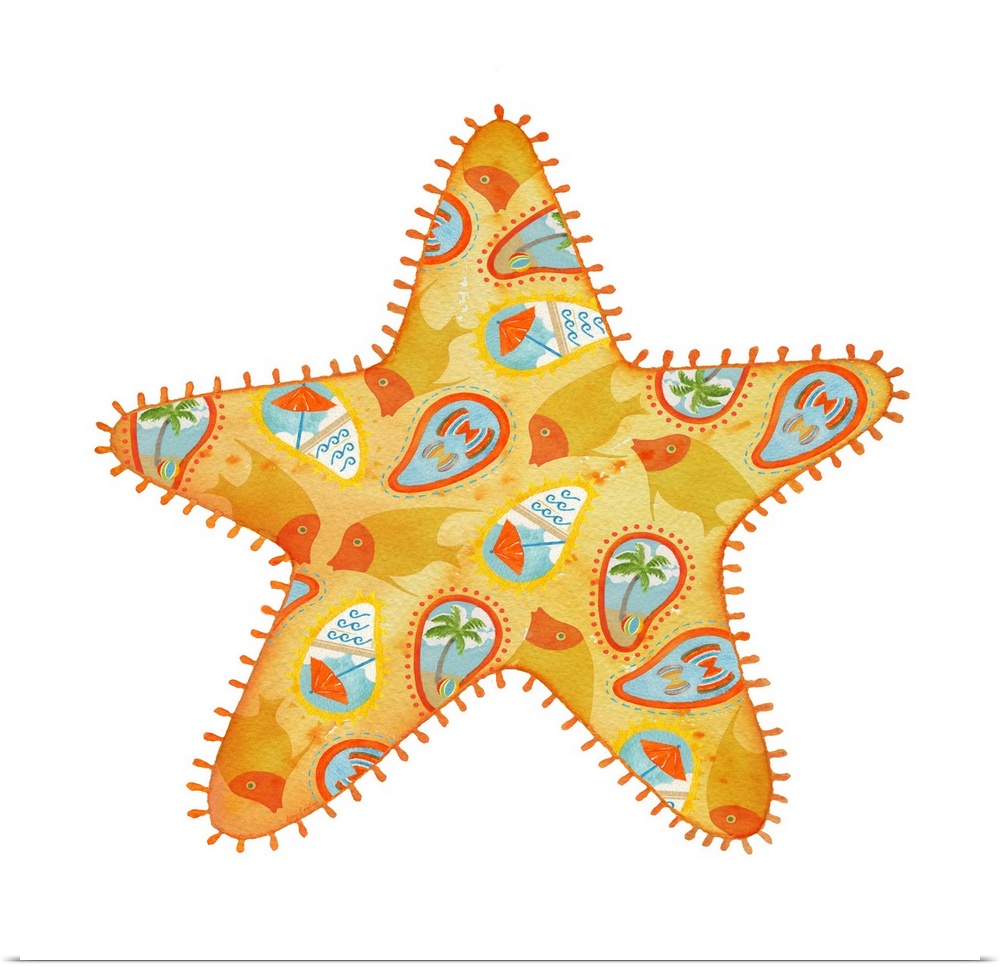 Watercolor painting of a yellow and orange starfish with Summer themed illustrations all over.