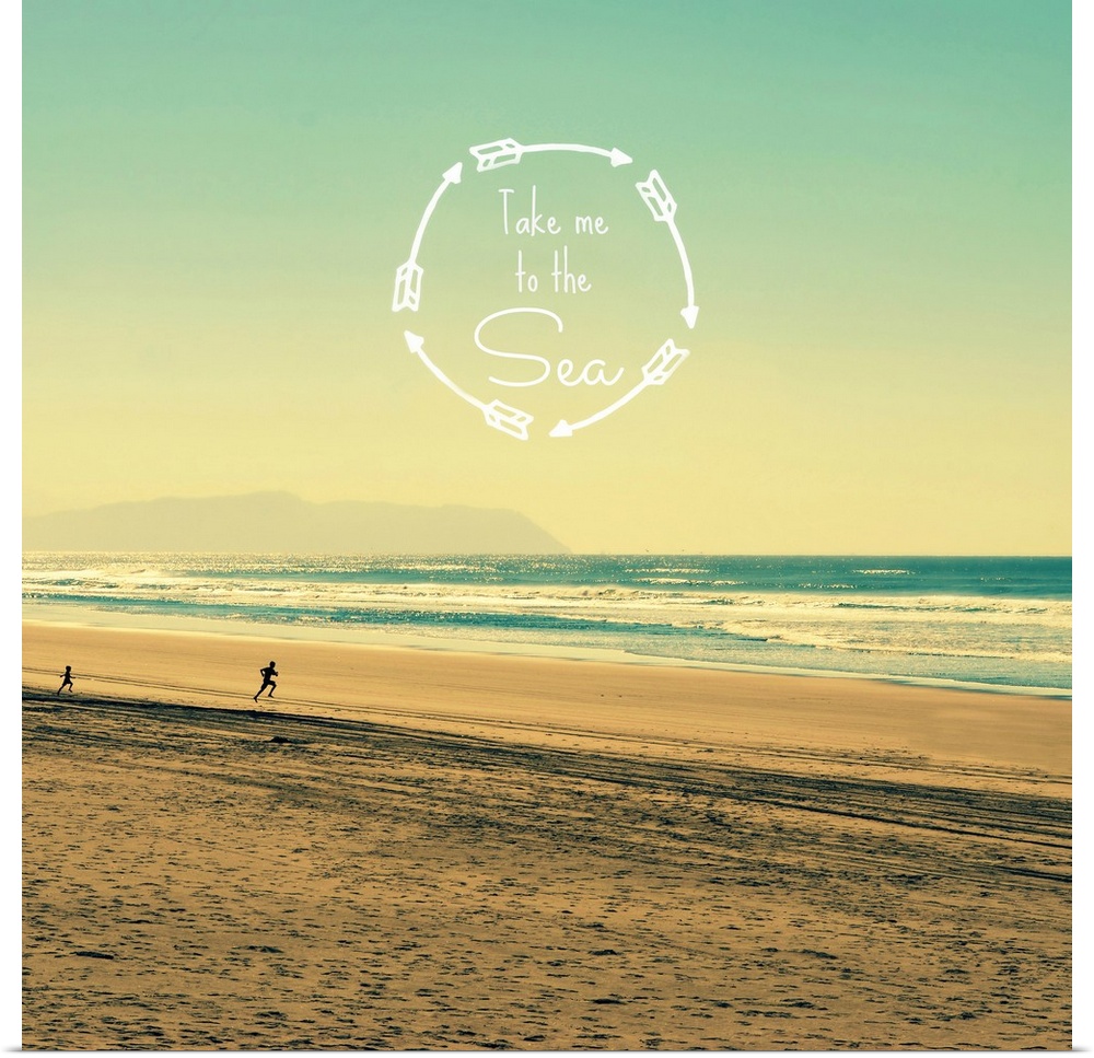 "Take Me To The Sea" written inside a circle made with arrows on top of a square photograph of a beach.