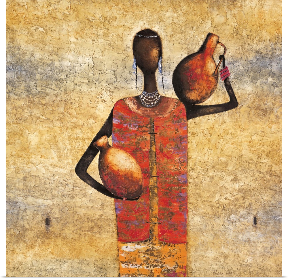 Contemporary painting of a tribal woman holding water jugs.