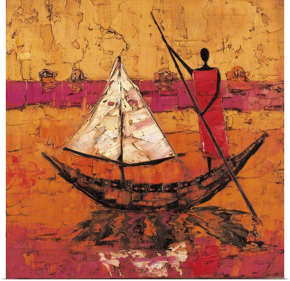 Contemporary painting of a tribal figure standing on a boat casting a reflection in the water.