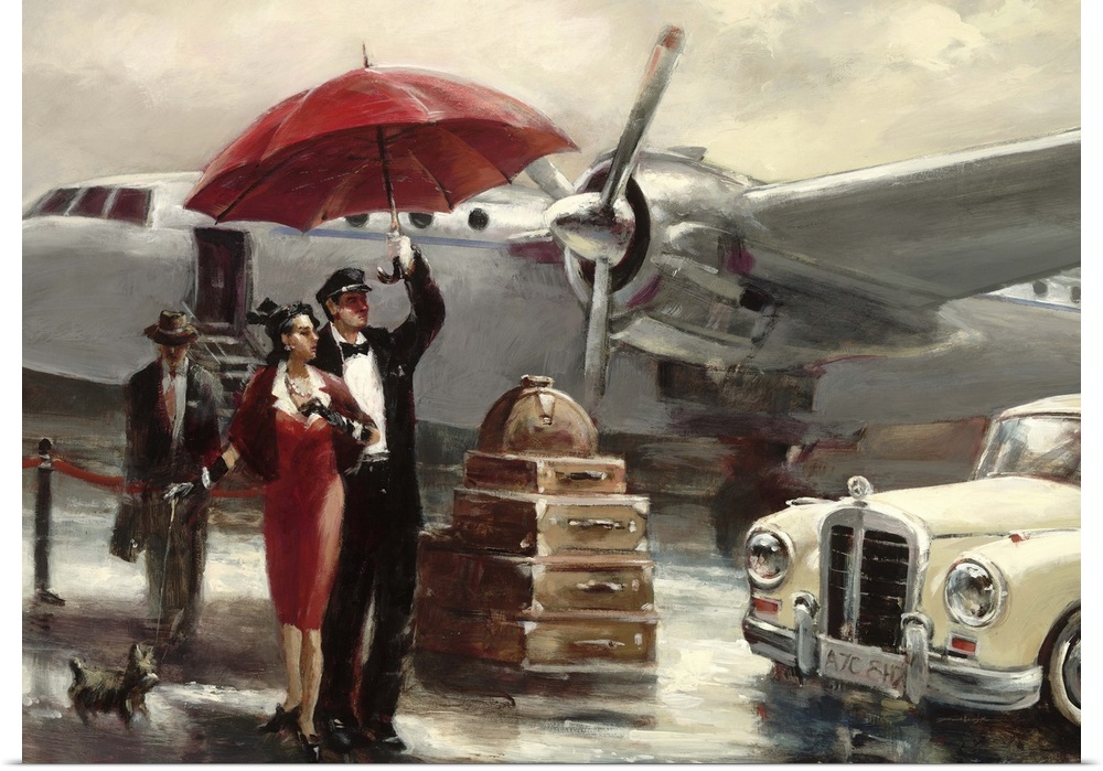 Contemporary painting of a woman in red disembarking from an airplane.