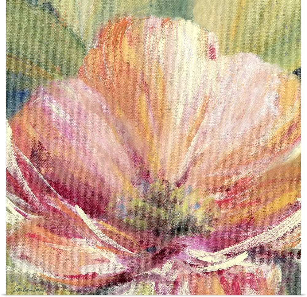 Painting of a brightly colored tropical flower.