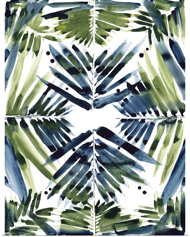 Watercolor painting of a palm frond pattern.