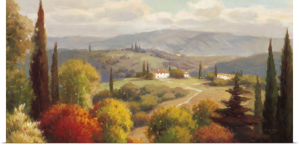 Contemporary painting of a wide view of the Tuscan country side with rolling hills and a villa.