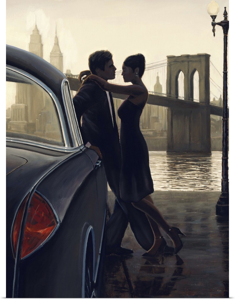 Contemporary figurative painting of a man and woman having an intimate moment with the Brooklyn Bridge in the background.