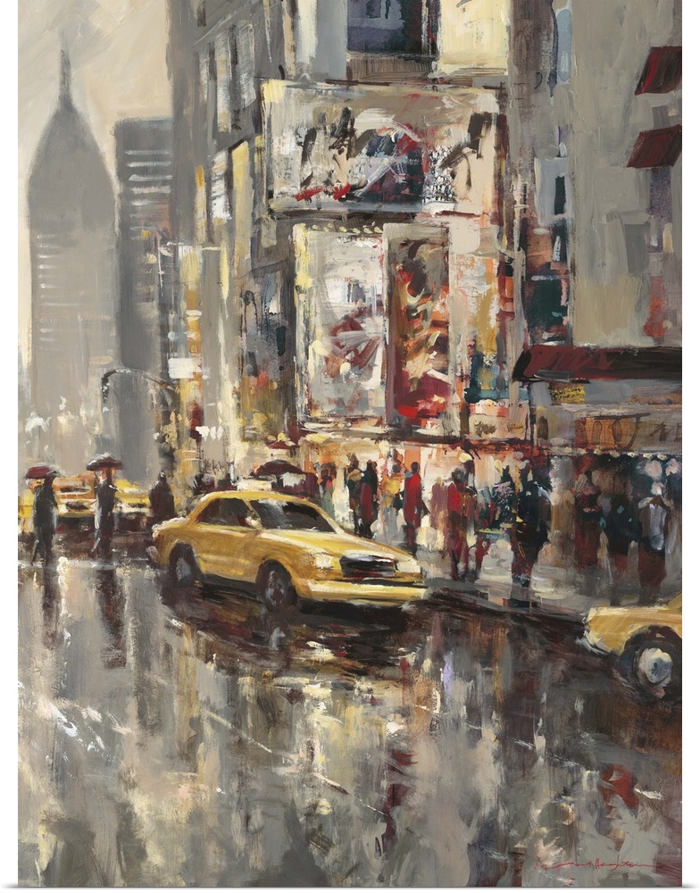 Painting of city streets with people and taxi's casting reflections on a wet road, with tall buildings in the background.