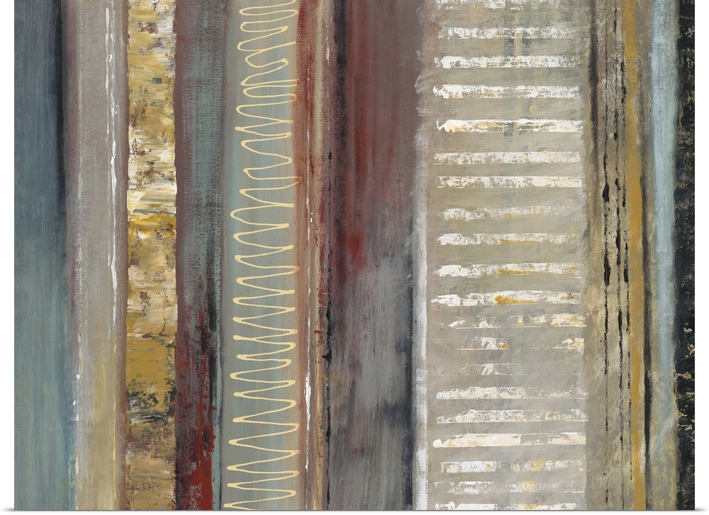 Contemporary abstract painting of vertical lines with different patterns in earthy colors.
