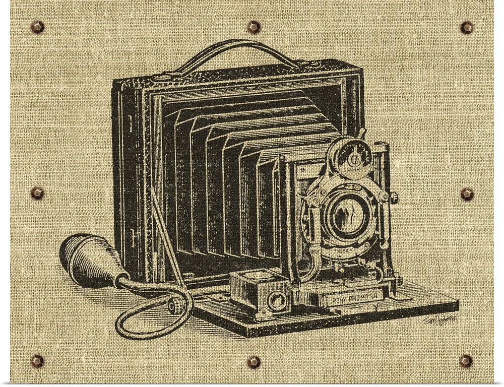 Contemporary artwork of a camera with a vintage look.