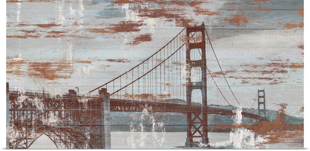 Illlustration of the Golden Gate Bridge in San Francisco with a weathered texture.