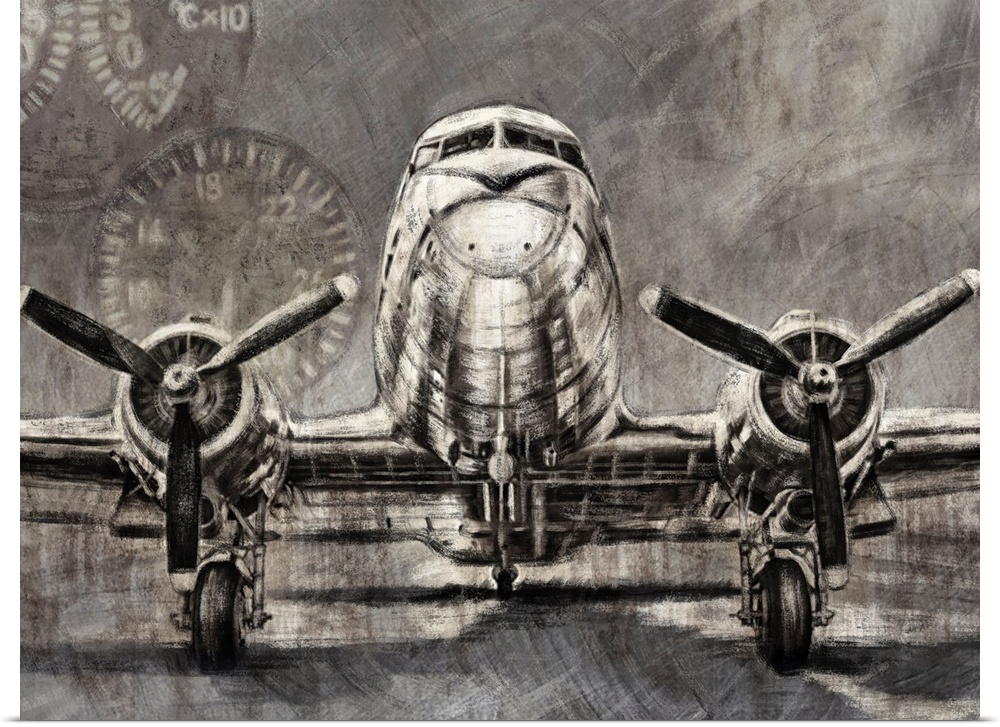 Black and white illustration of a vintage airplane with two propellers and gauges in the background.