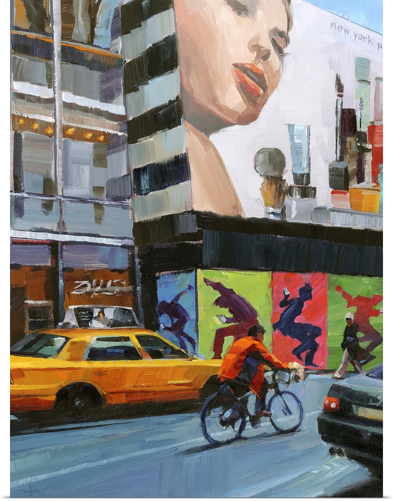 Contemporary painting of a person riding a bicycle through the city.
