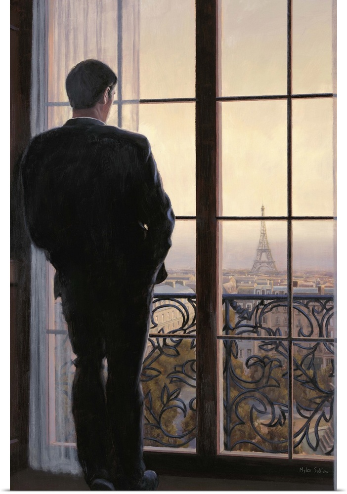 Contemporary painting of a man looking out a window onto the city of Paris.