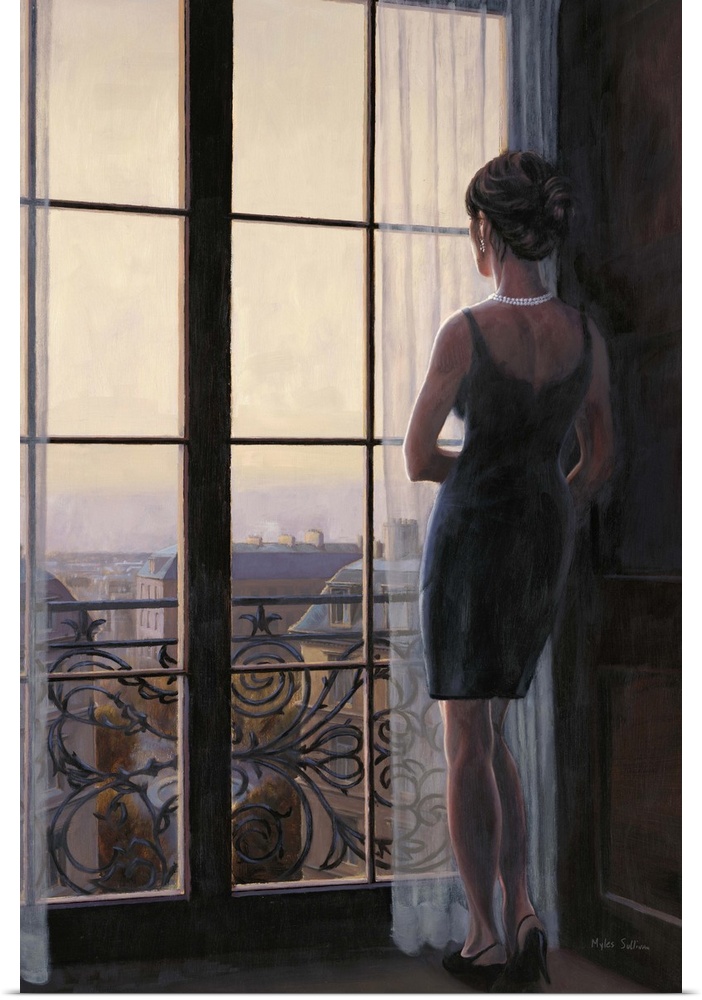 Contemporary painting of a woman looking out a window onto the city of Paris.