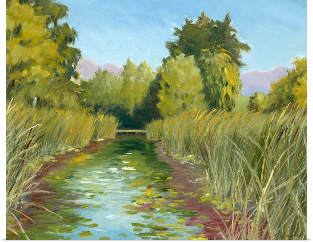 Contemporary artwork of a marsh landscape with tall reeds and lily pads.