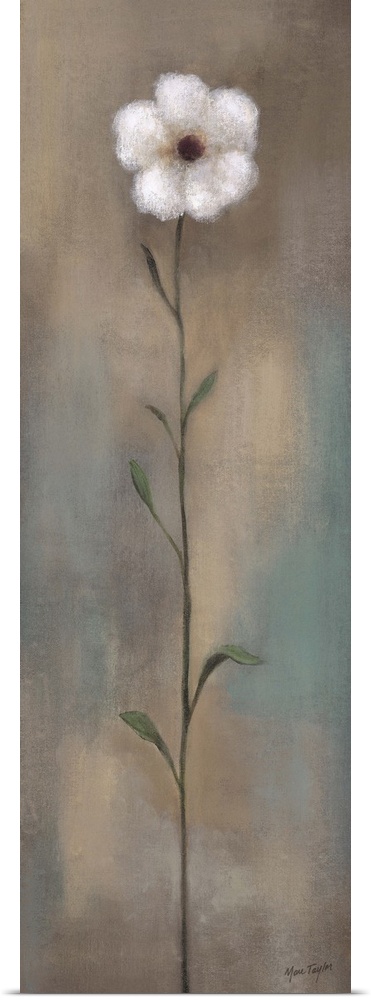 Contemporary painting of a single white flower with a long stem against an earth toned background.
