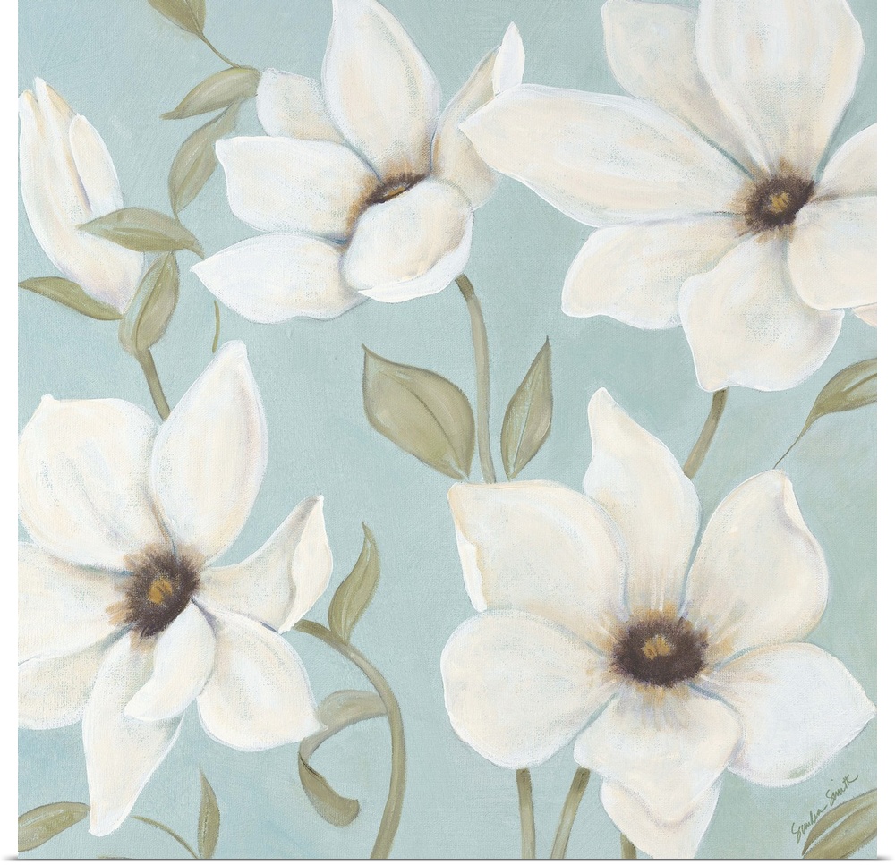 Square panel painting of a group of white flowers with thin stems on a pale background.