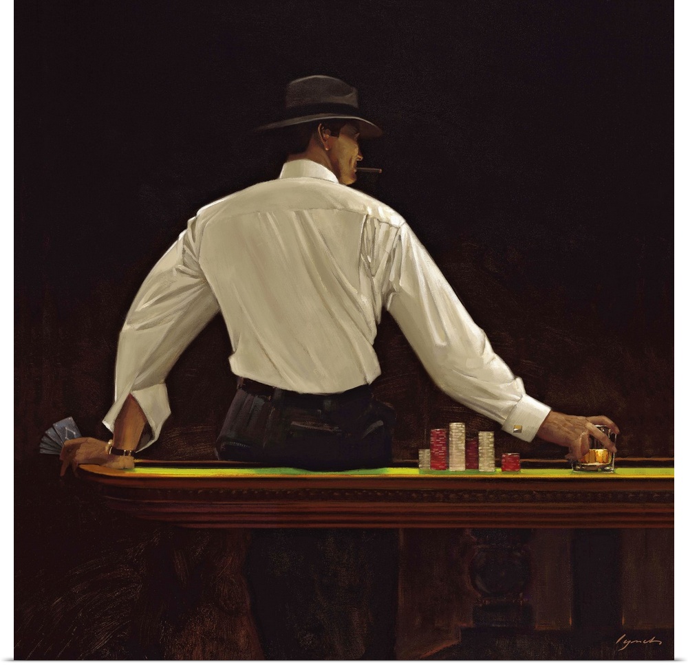 Contemporary painting of man sitting on the edge of a casino table, holding playing cards in one hand and moving chips wit...