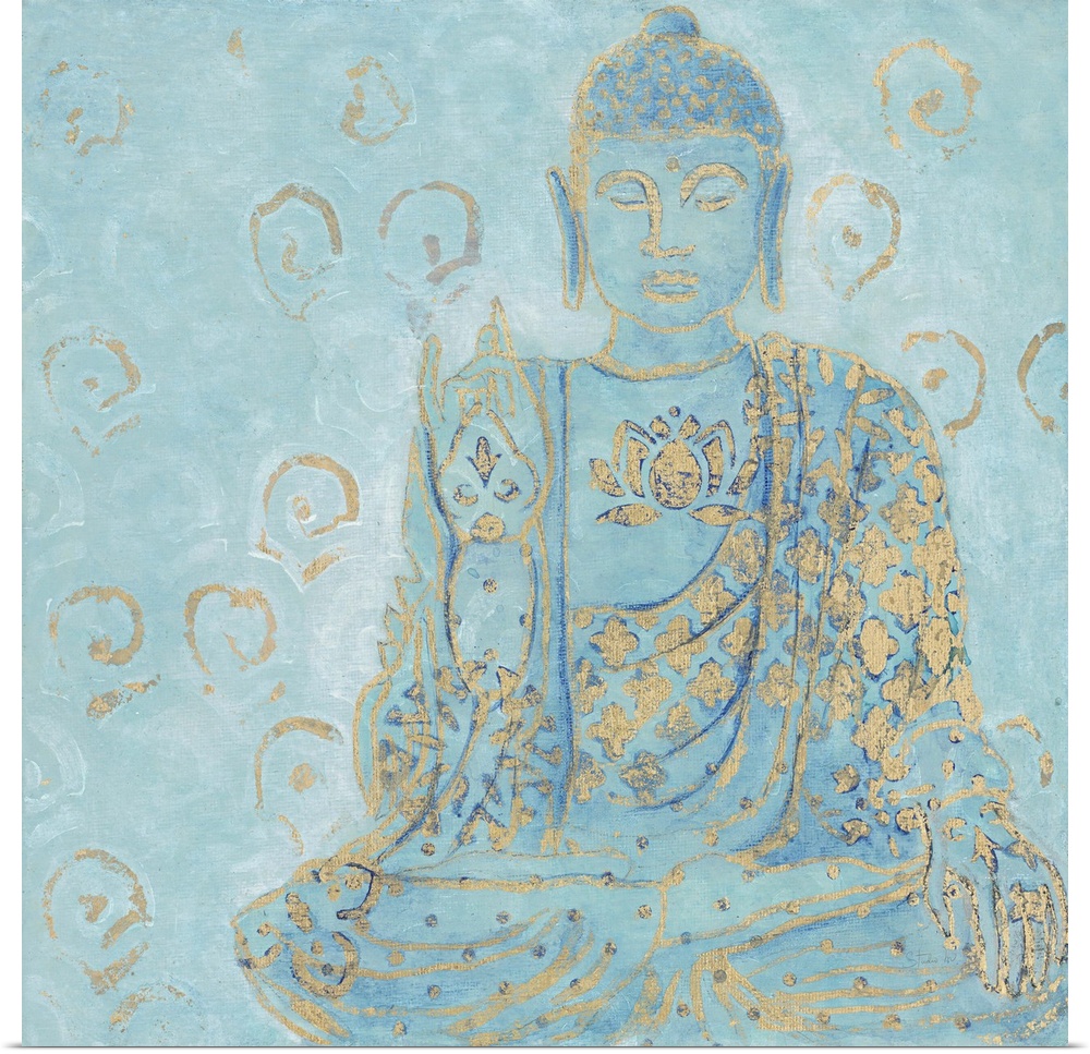 Illustration of a Buddha statue in blue with golden designs.