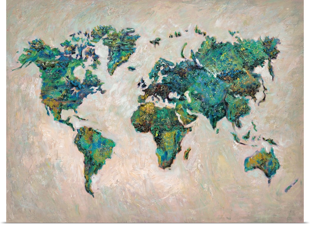 Contemporary art print of the continents of the world in green and blue hues.