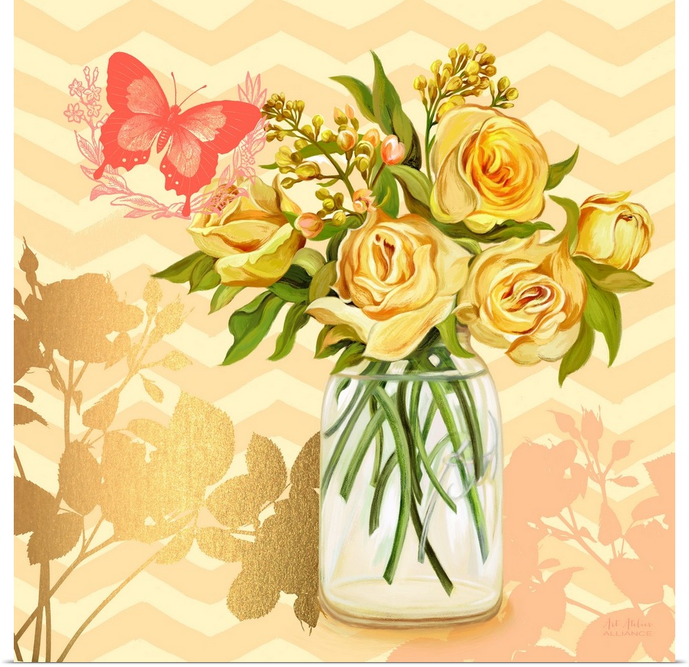 Contemporary home decor artwork of a vibrant yellow flowers in a mason jar against a light yellow patterned background.