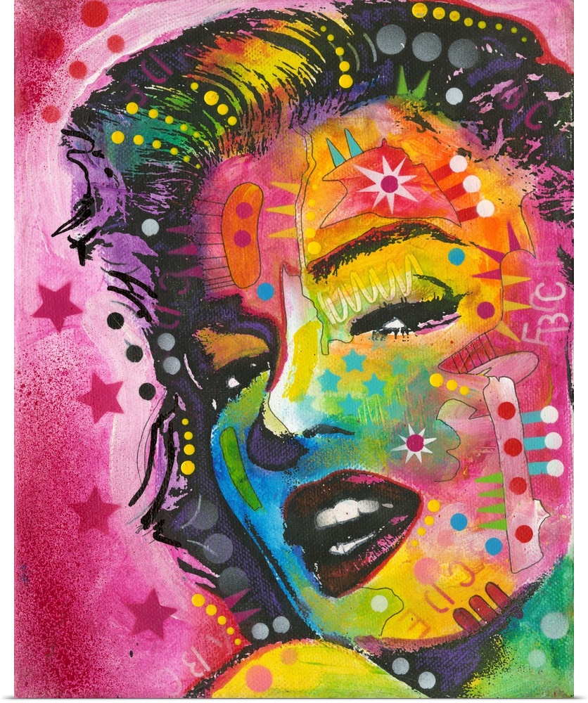 Pop art style painting of Marilyn Monroe with geometric abstract markings on a pink background with stars and circles.