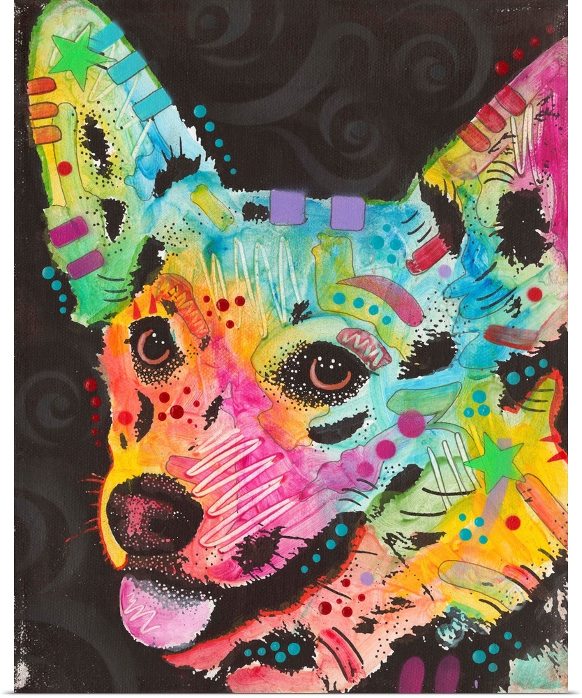 Colorful painting of a Corgi with graffiti-like designs on a black background with faint white swirls.
