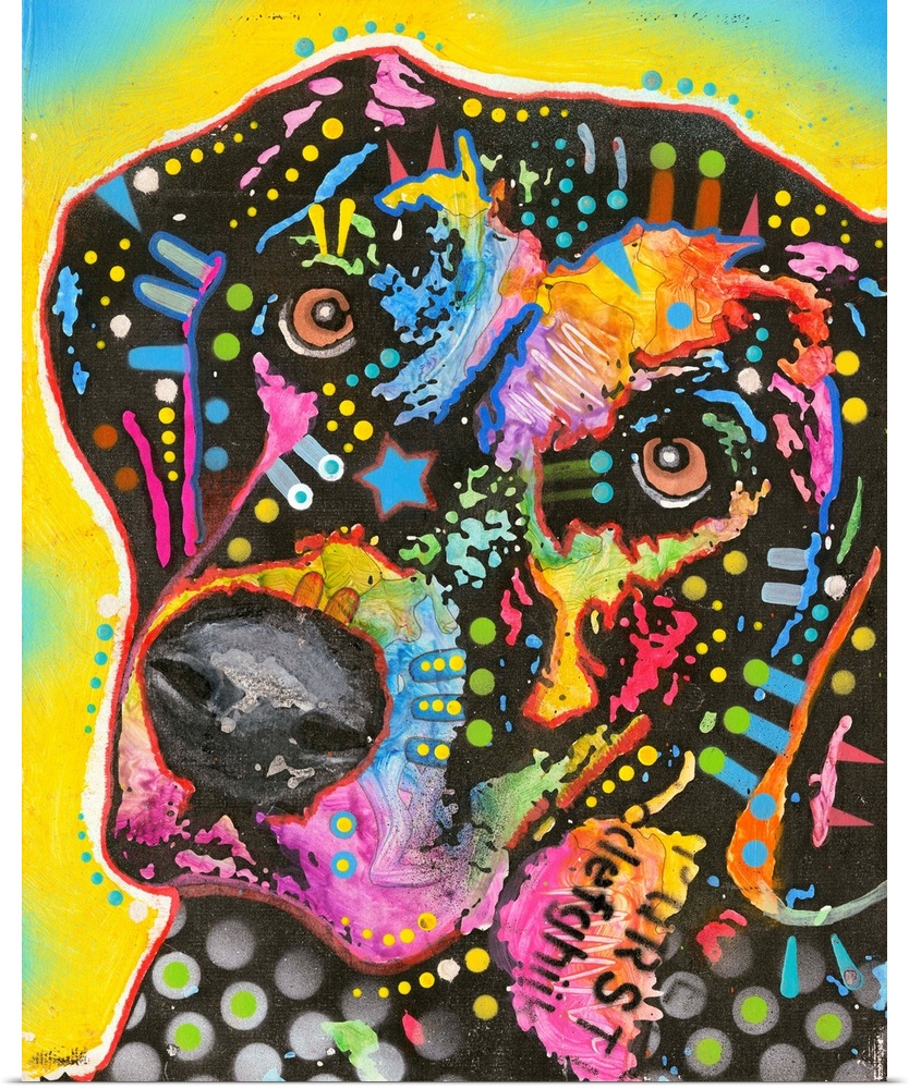 Contemporary illustration of a Labrador with colorful abstract designs on a yellow and blue background.